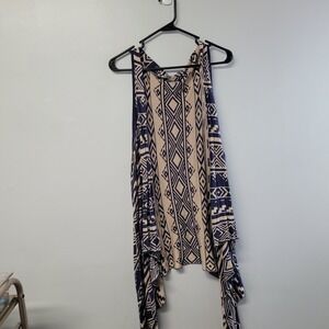 Charming‎ Charlie Womens Large Blue Tan Geometric Sleeveless Cardigan Vest